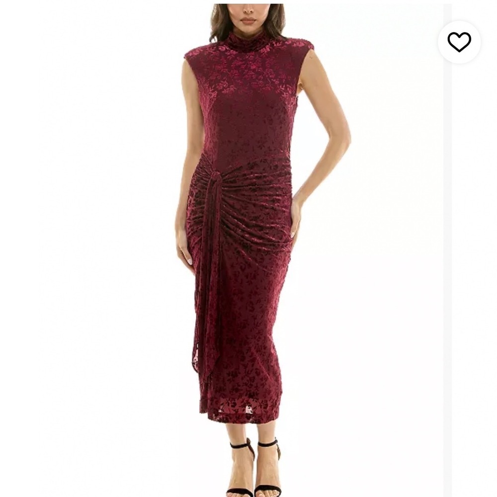 Taylor Burgundy Floral Burnout Velvet Mock Neck Midi Dress with Slit 12 NWT